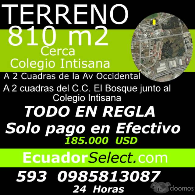 Terreno de venta  2 cuadras del C.C. El Bosque junto al Colegio Intisana 185.000 usd