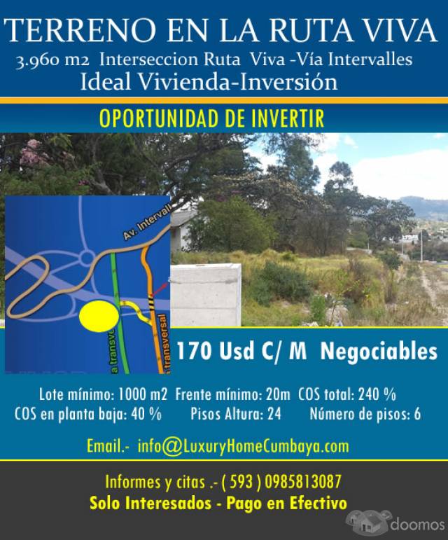 Terreno en Venta  Ruta Viva -Intervalles  3.960 m2  Cel.- 0985813087